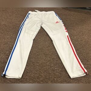 Like NEW! Adidas Mens M White Track Pants Red Blue Stripe active athletic bottom